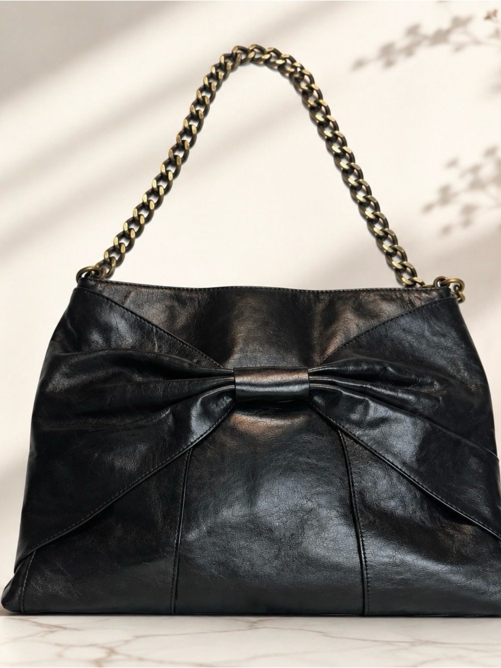 Vintage HOBO International Black Leather Bow Shoulder Bag Chain Strap Purse Y2K